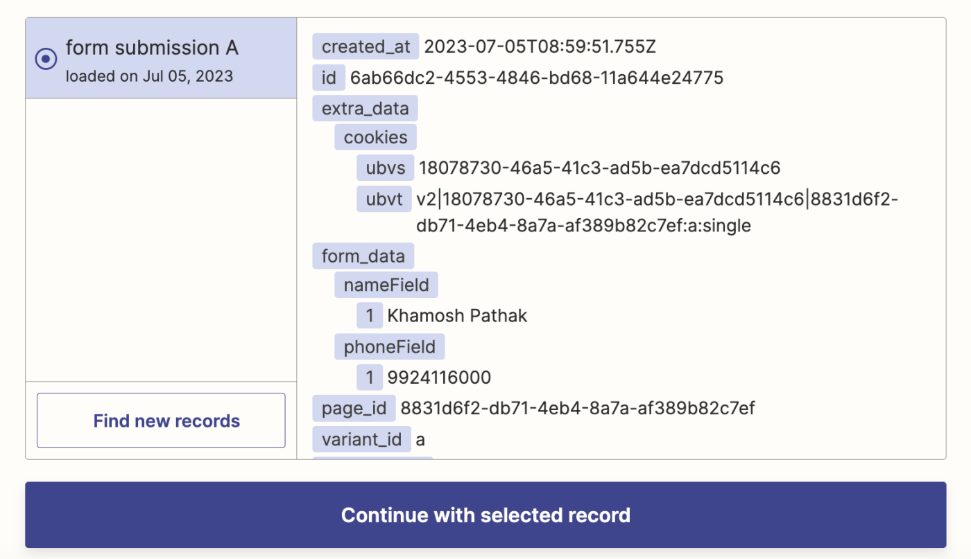 Test results for a trigger step, which show a client name and phone number.