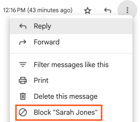 Show more dropdown menu with the option to block an email in Gmail.
