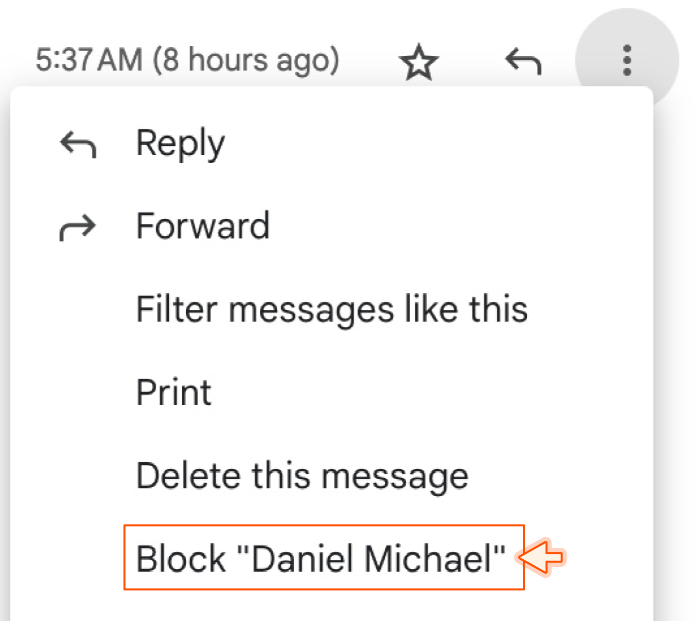 Screenshot showing how to block someone in Gmail.