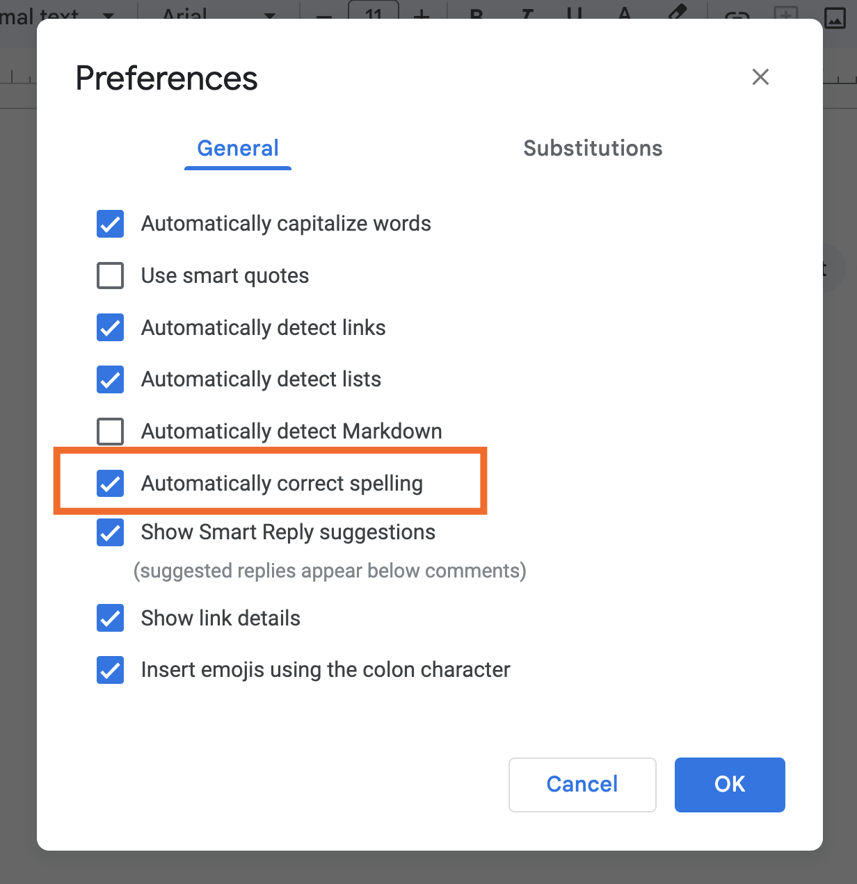 The "Automatically correct spelling" option in Google Docs