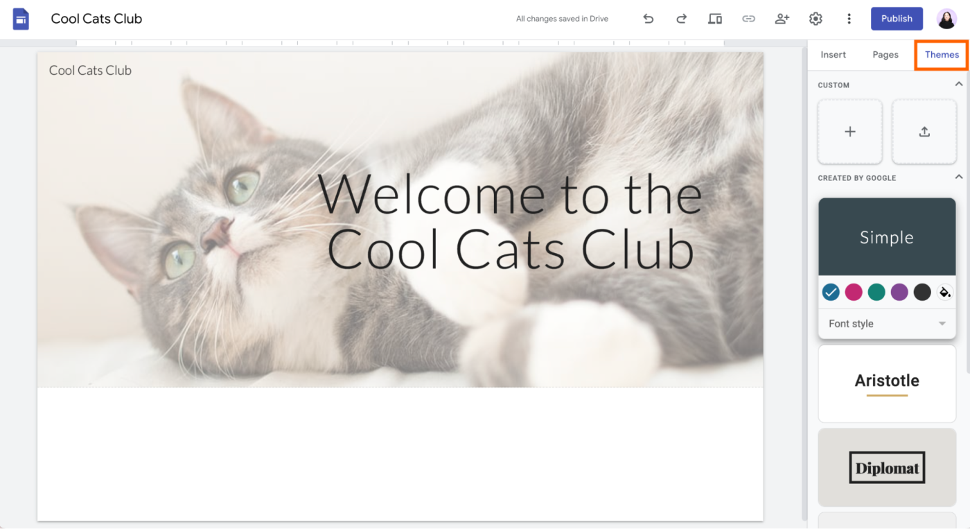 How to change the design theme in Google Sites.