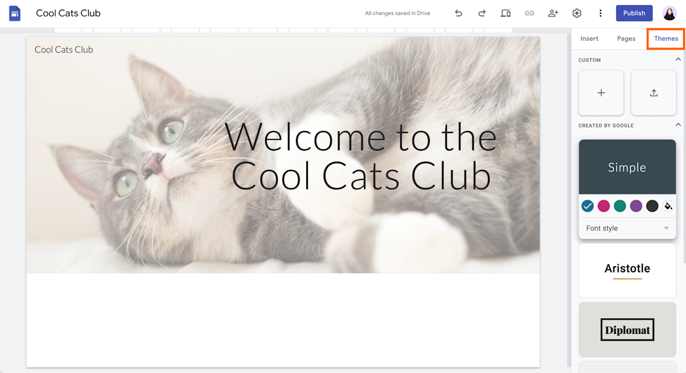 How to change the design theme in Google Sites.