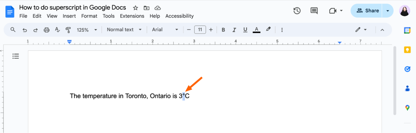 Example of a special character inserted in a Google Doc.