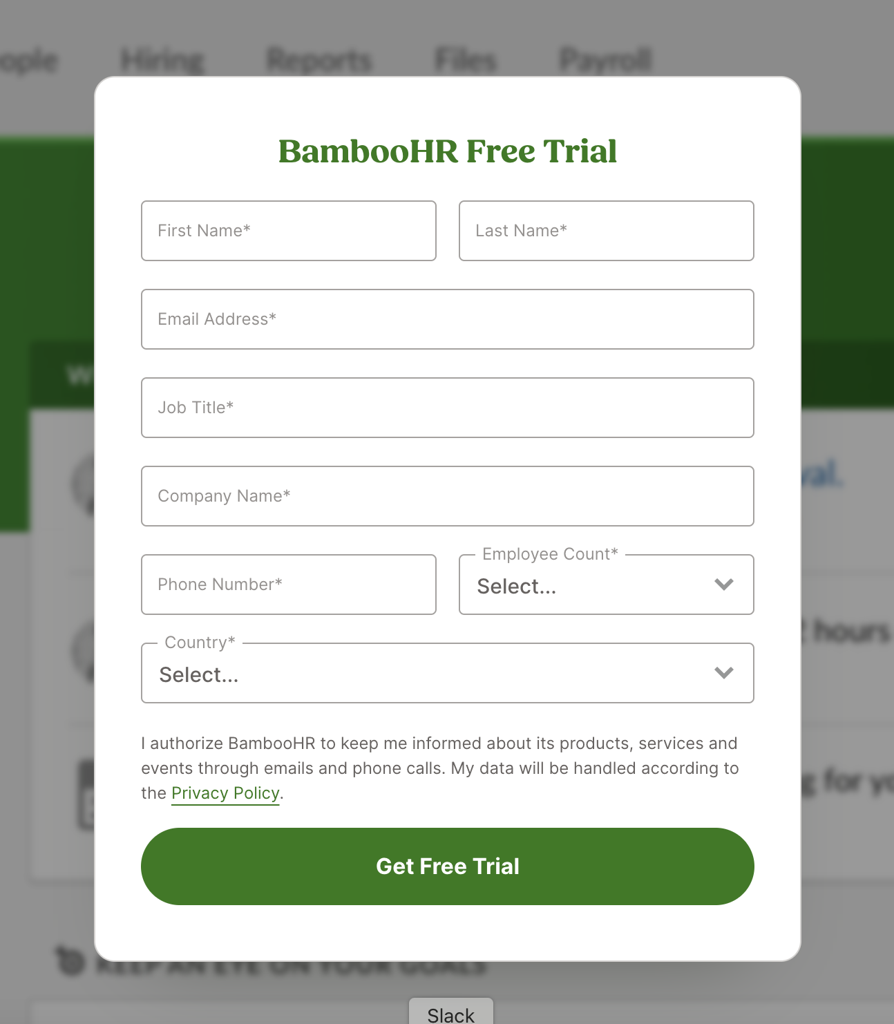 Trial signup page for BambooHR, a lead magnet example of a free trial.