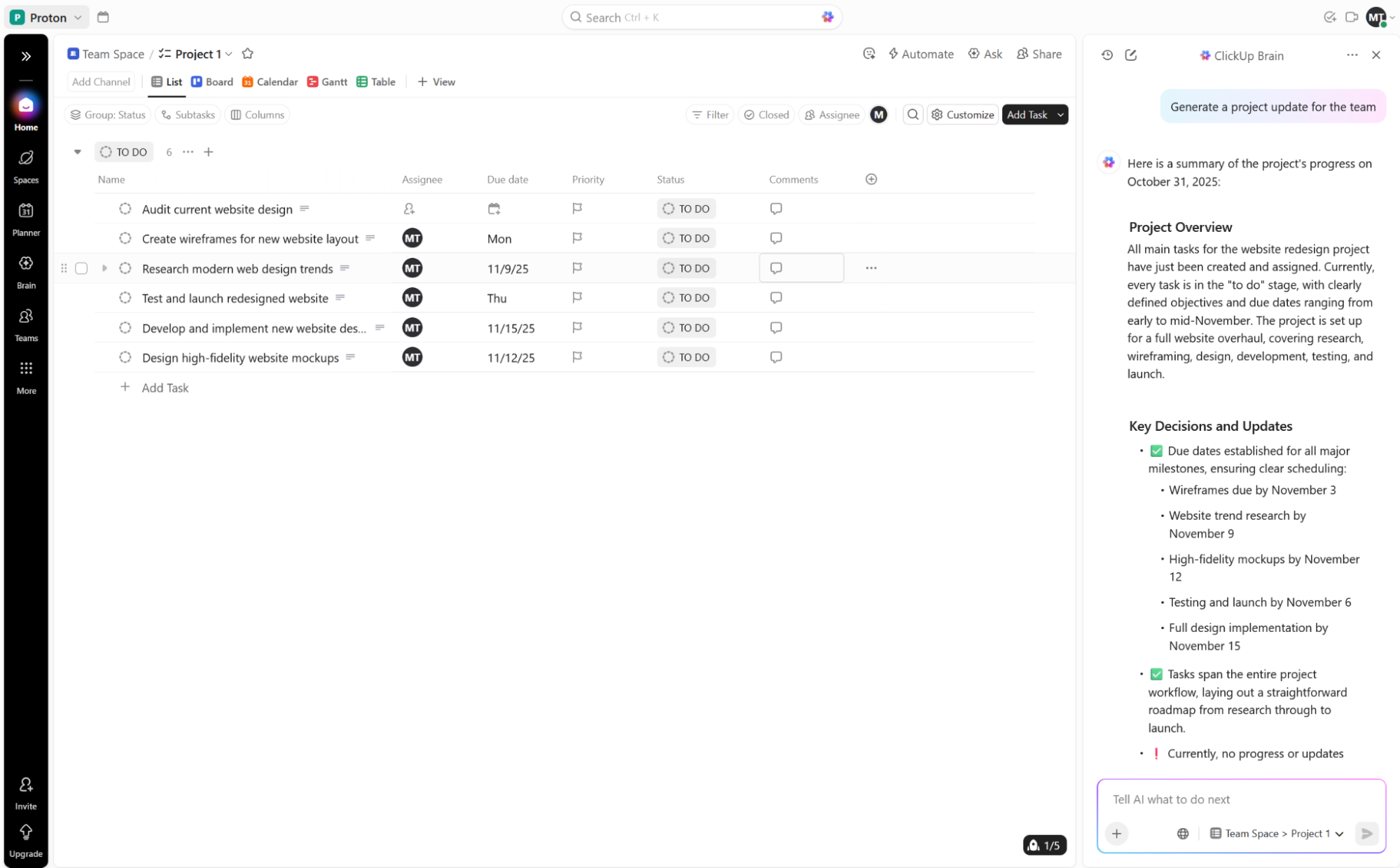 ClickUp, our pick for the best AI project manager for asking questions about your projects