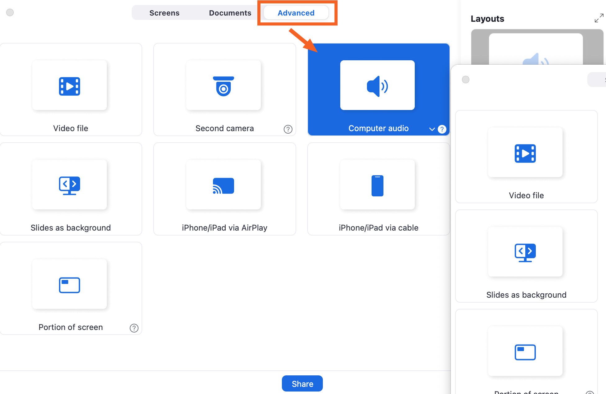 Advanced tab of the Zoom share window with the option to share computer audio selected.