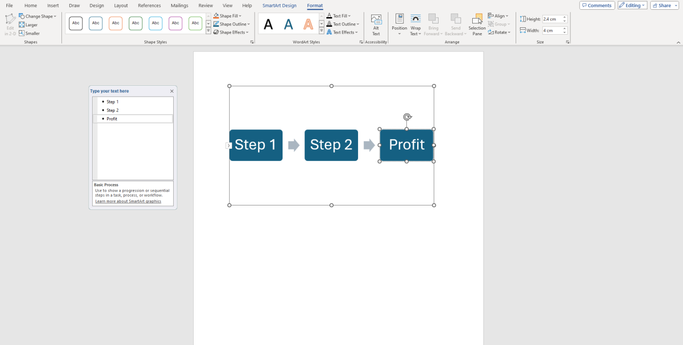 Screenshot displaying Microsoft Word’s formatting options for SmartArt flowcharts