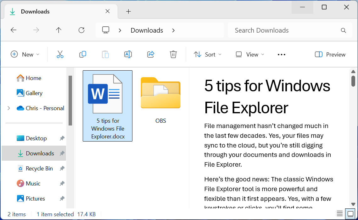 The Windows File Explorer preview pane