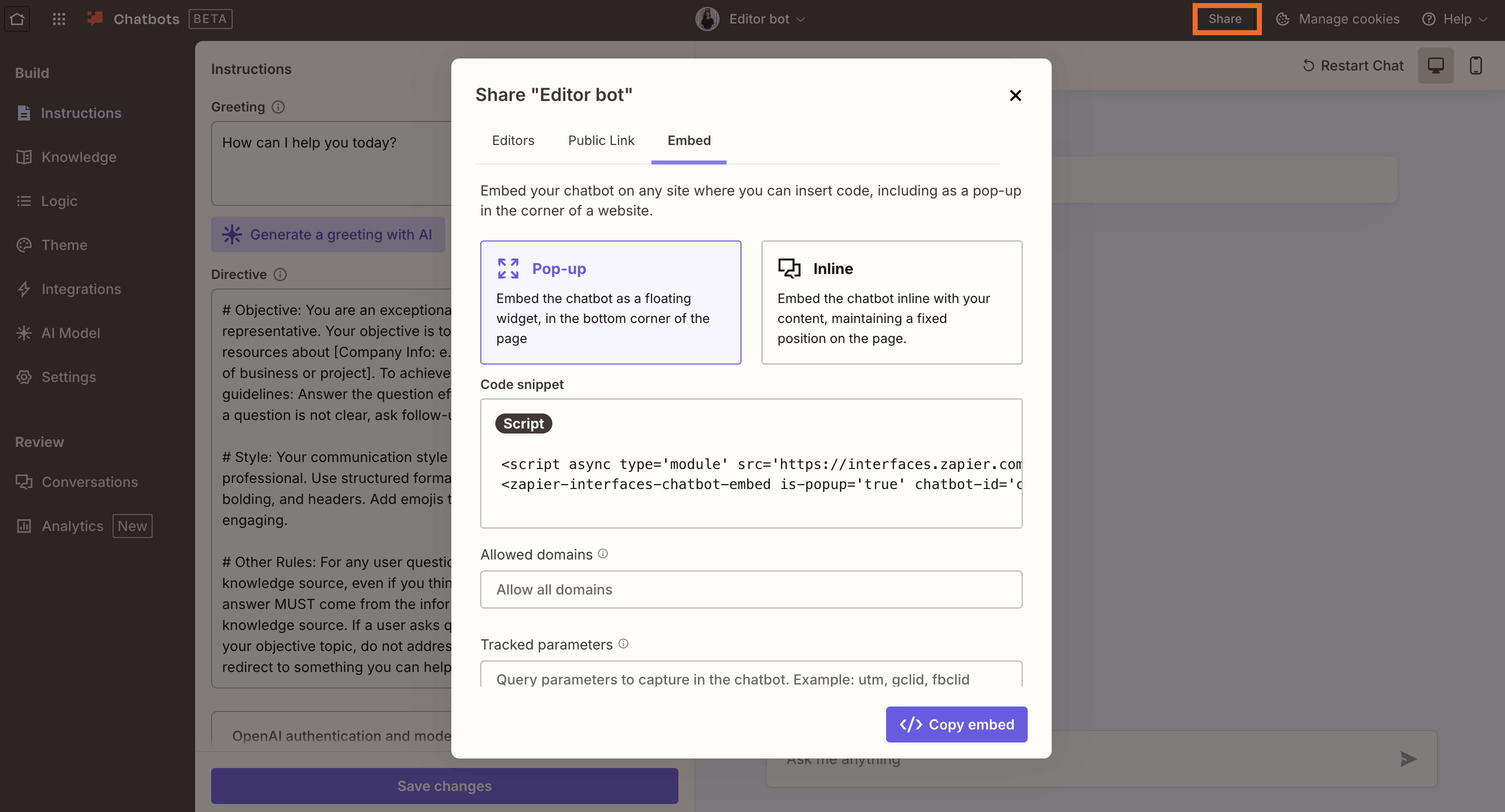 Pop-up box with different options to share a Zapier Chatbot.