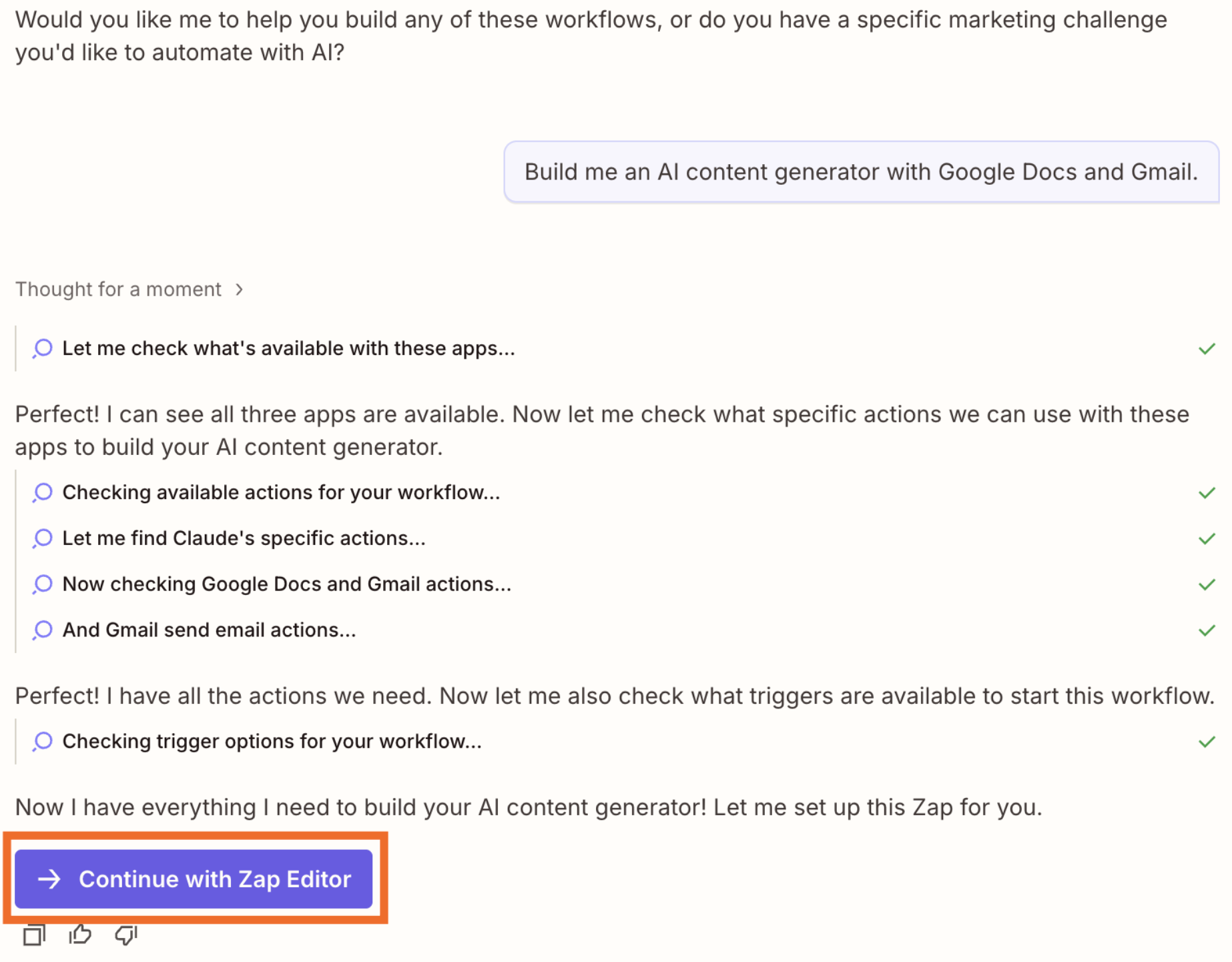 사용자와 Copilot이 AI 콘텐츠 생성기를 구축하는 방법에 대해 논의하는 Zapier Copilot과의 채팅 창 대화 "Zap 편집기로 계속하기" 단추