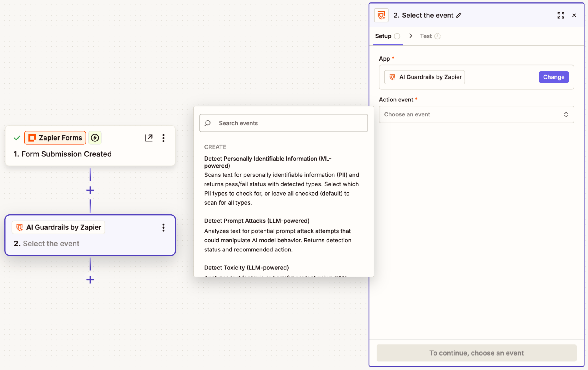 An AI Guardrails by Zapier step in the Zap editor.