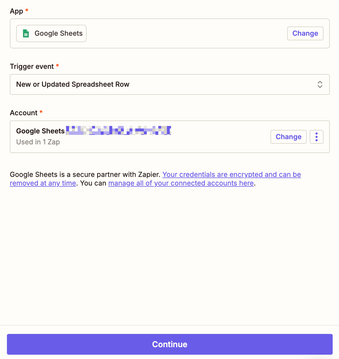 A Zap trigger step with Google Sheets selected as the app, New or Updated Spreadsheet Row as the action, and a Google Sheets account selected.