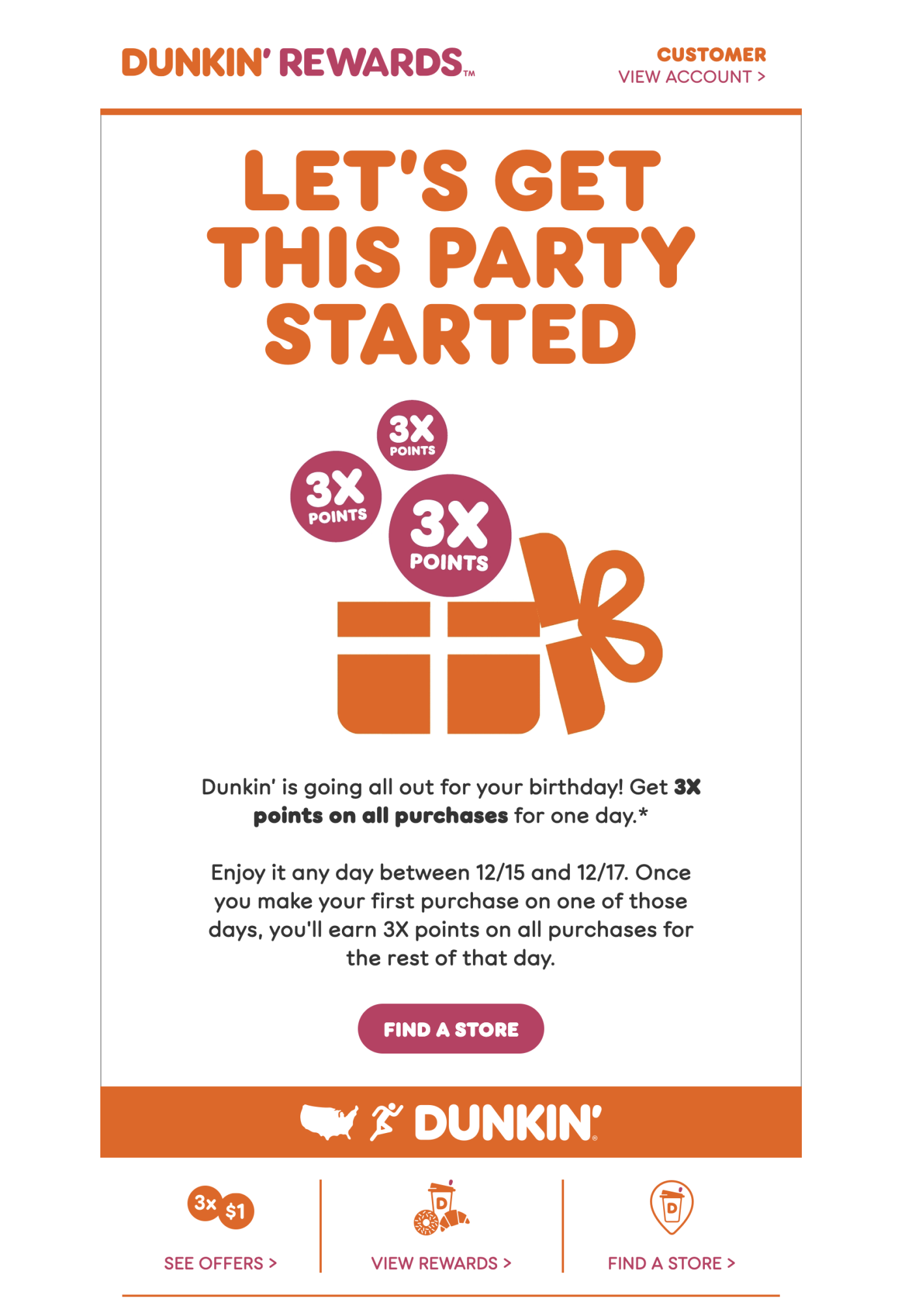 Birthday email from Dunkin' Rewards with the title Let's Get This Party Started and an illustration of a gift box and 3x points icons.