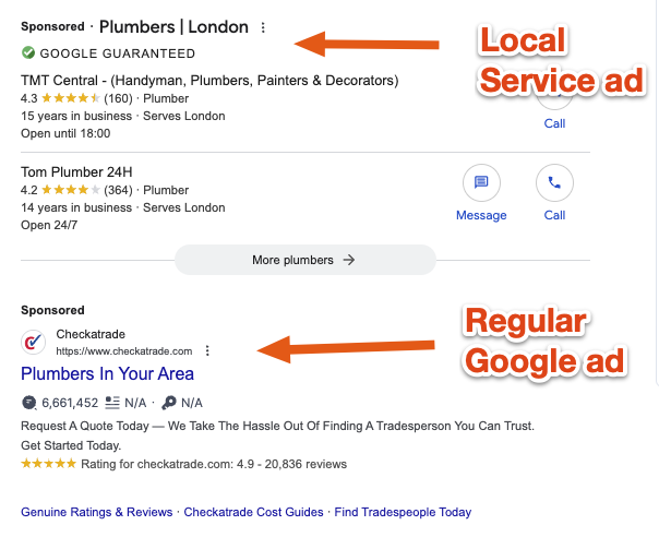 Comparison of a Google Local Services Ad versus a regular Google Ad on Google's search engine results page. 