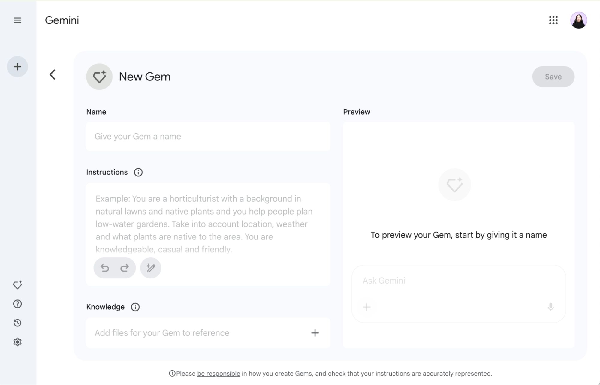 Gemini Gem editor with two side-by-side panels for editing and previewing your Gem. 