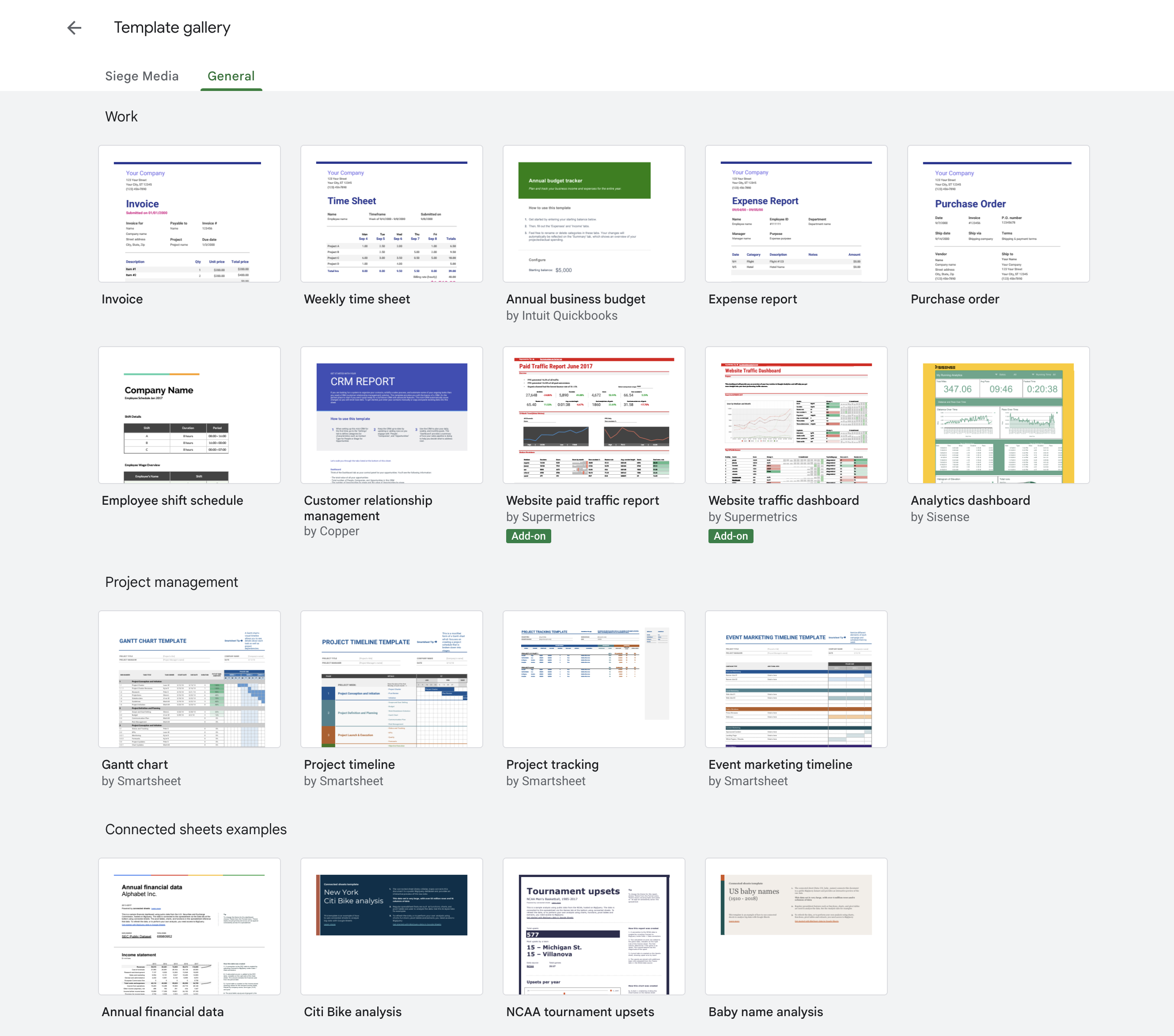 Screenshot of Google's template gallery