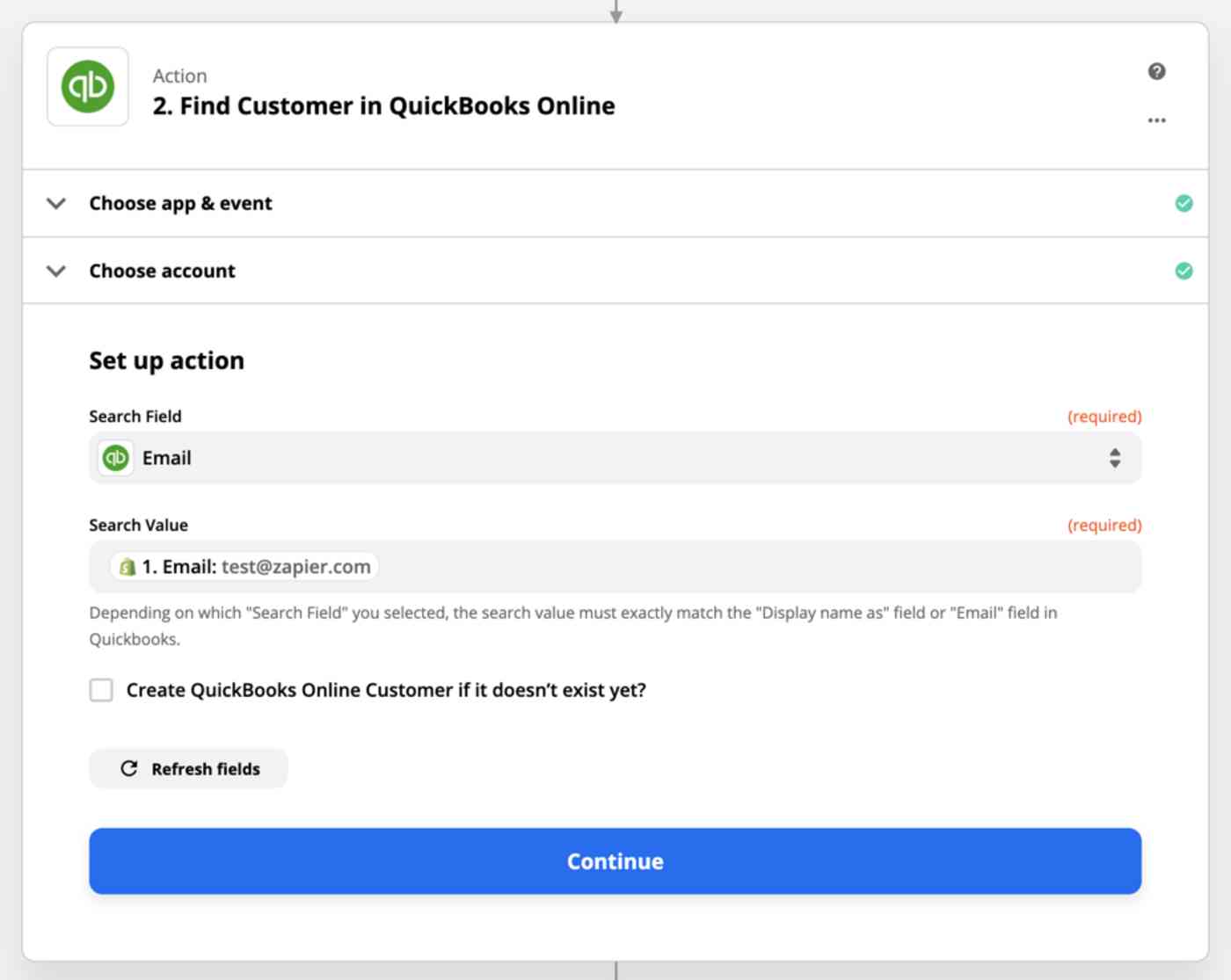 Action set-up: Find Customer in QuickBooks Online: Search value: Email