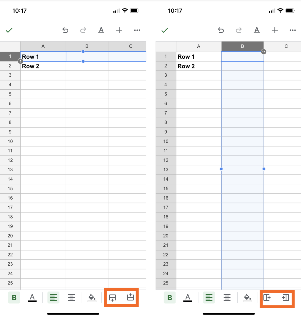 The icons to add a column or row in Google Sheets