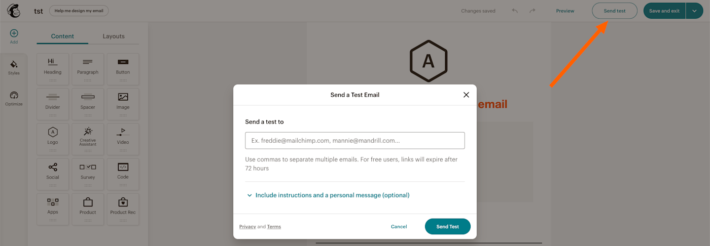 Screenshot of Mailchimp email editing interface with arrow to send test button and pop up for Send a Test Email.