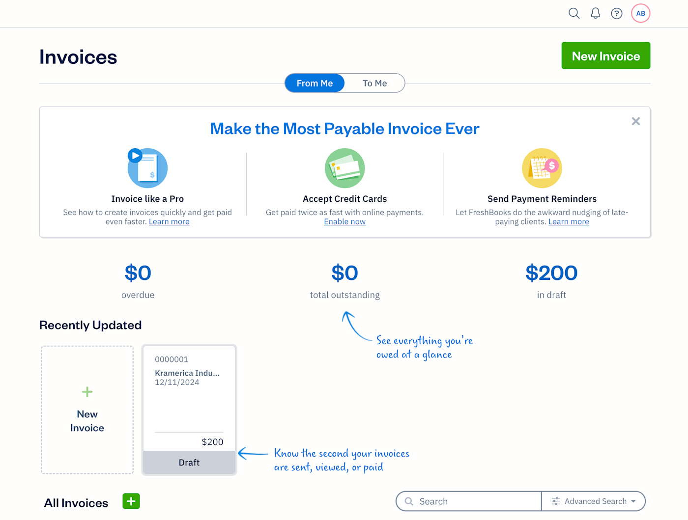 Screenshot showing how FreshBooks allows you to send unlimited customized invoices.