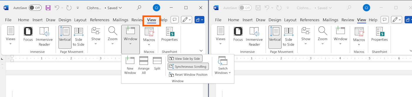 Example of how to compare two Word documents side by side. 