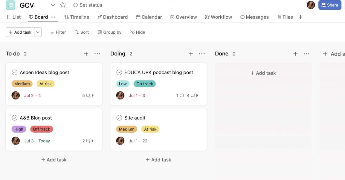 An image of a Kanban board view in Asana.