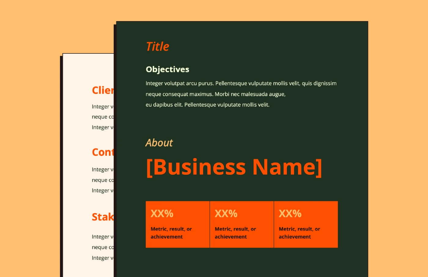 Screenshot of Zapier's third case study template, with the places for title, objectives, and about the business on a dark green background followed by three spots for data callouts in orange boxes