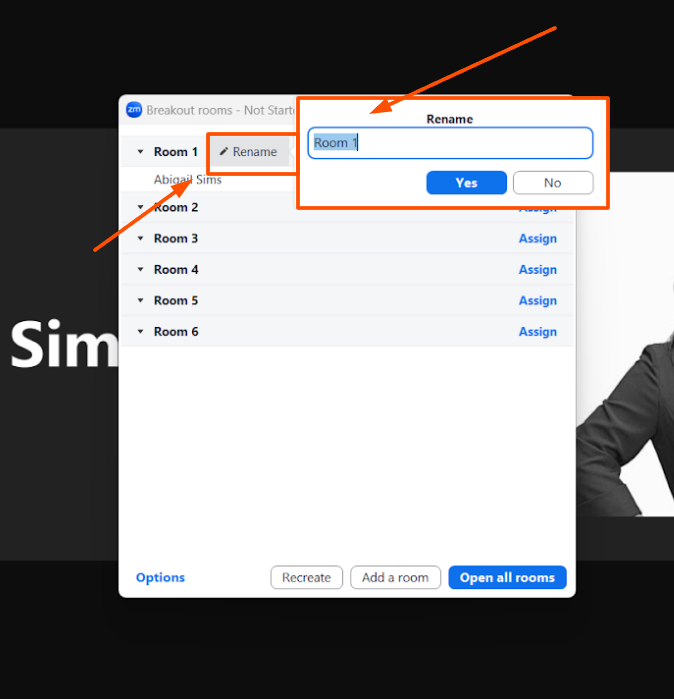 Screenshot of the same window in Zoom showing where you can rename a breakout room