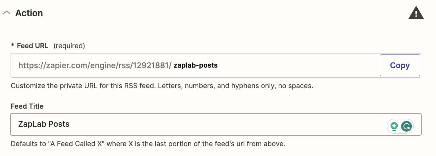A screenshot of the Feed URL and Feed Title fields of an RSS by Zapier action step in the Zapier editor.