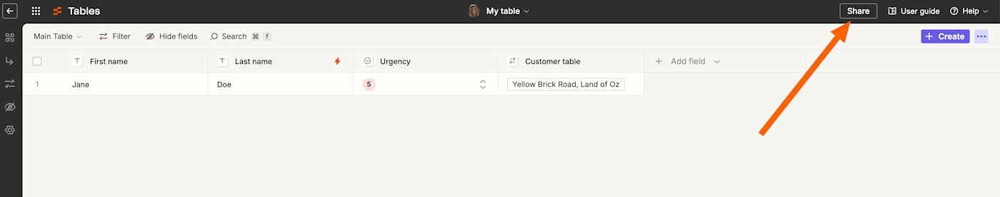 Screenshot of sharing options in Tables