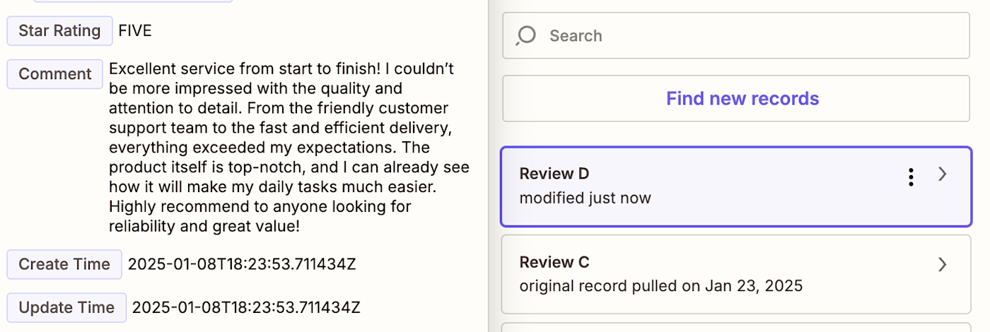 Screenshot of review sample data