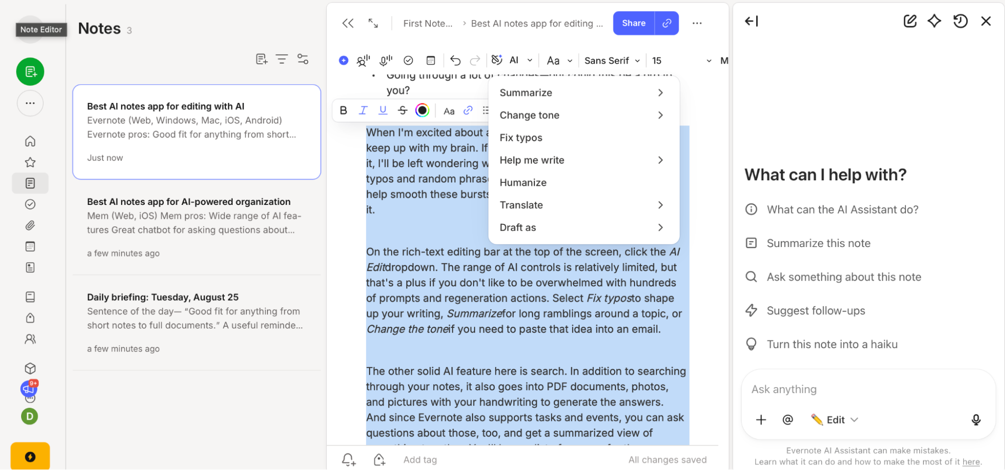 Evernote, our pick for the best AI notes app for editing with AI
