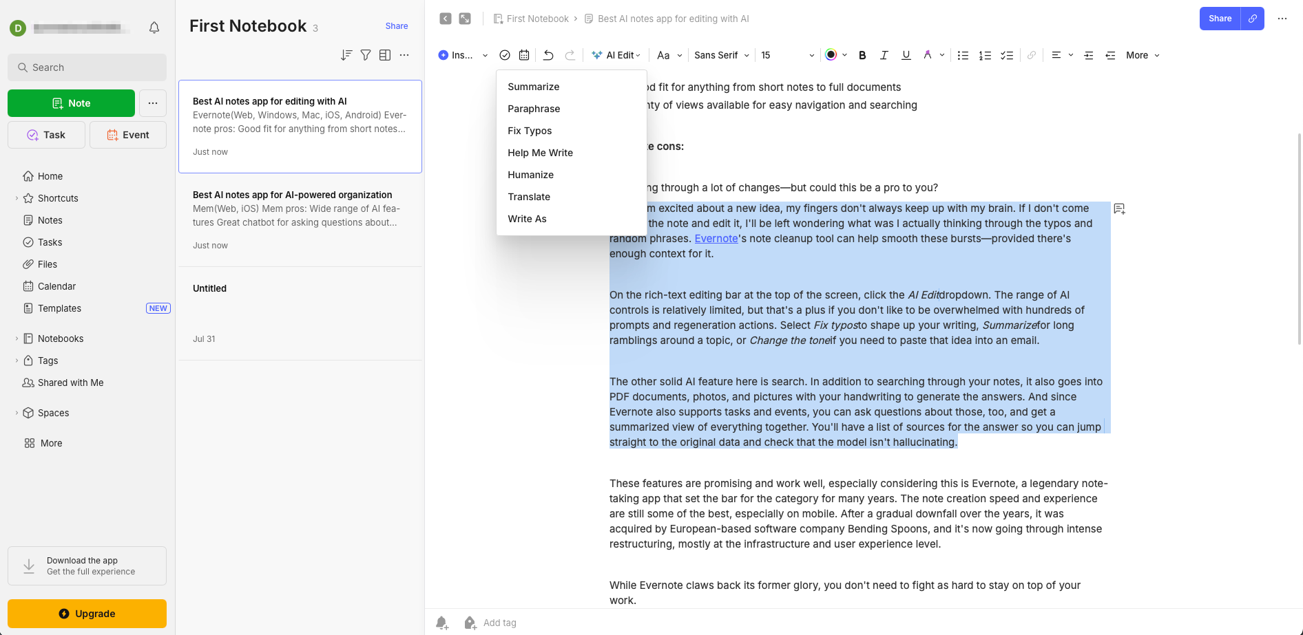 Evernote, our pick for the best AI notes app for editing with AI