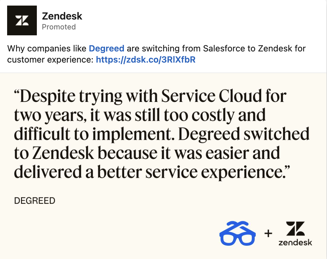 Zendesk's LinkedIn text ad. 