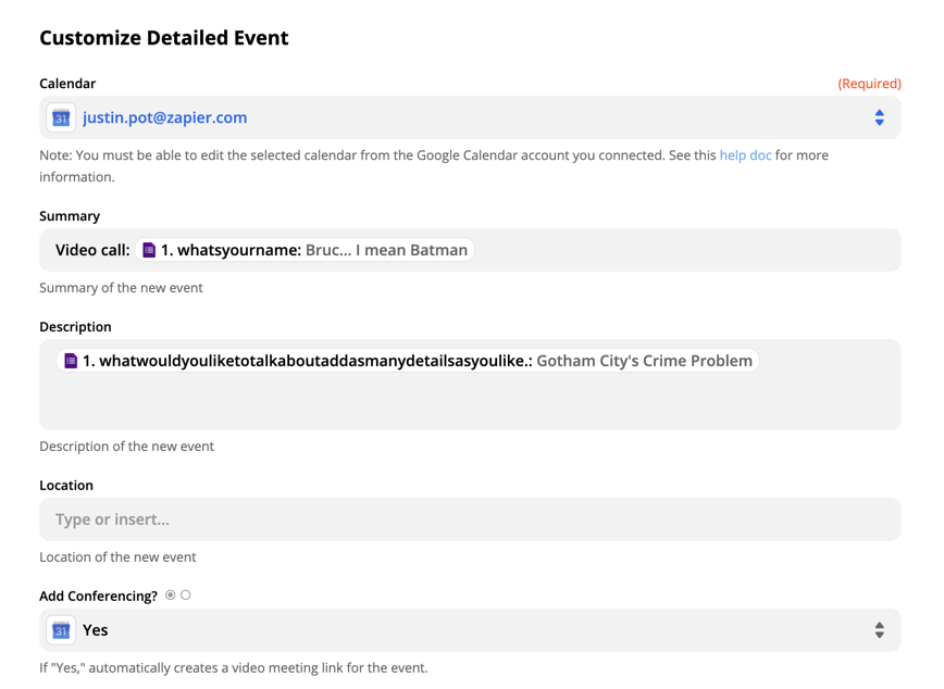 Setting up a detailed calendar event in Google Calendar in Zapier