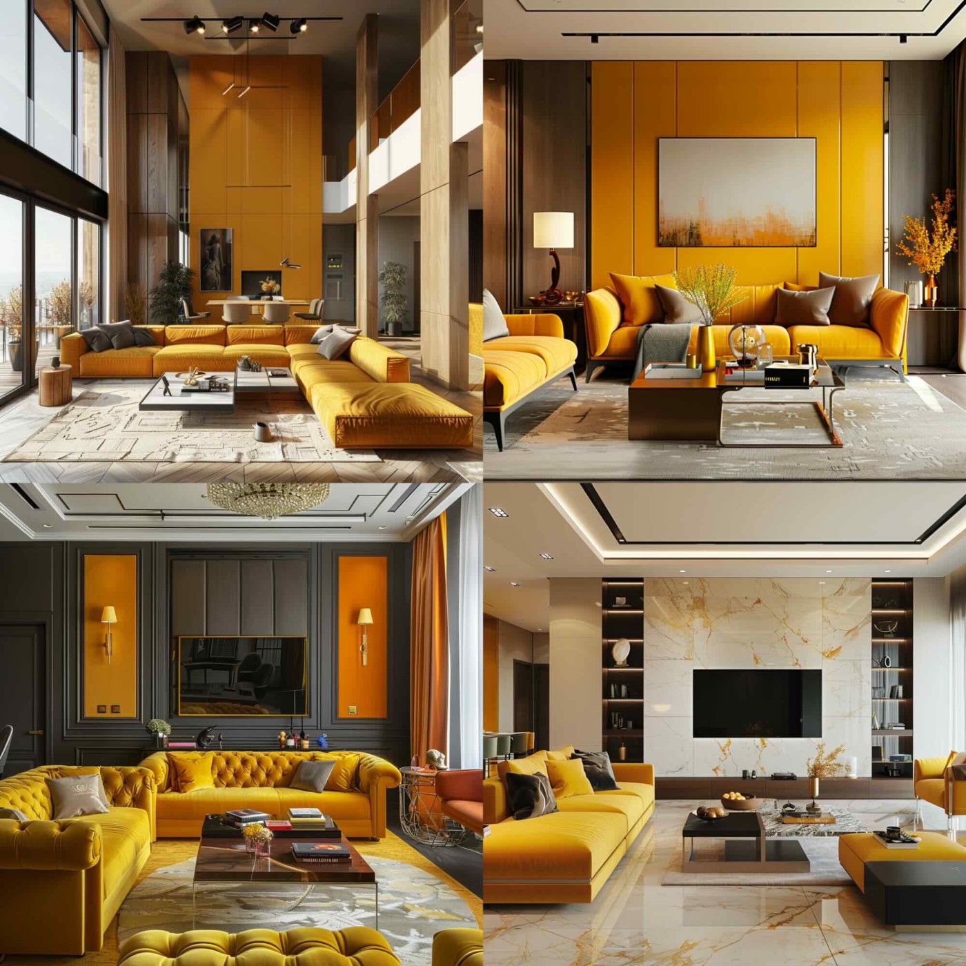 A living room in a luxury apartment, saffron yellow