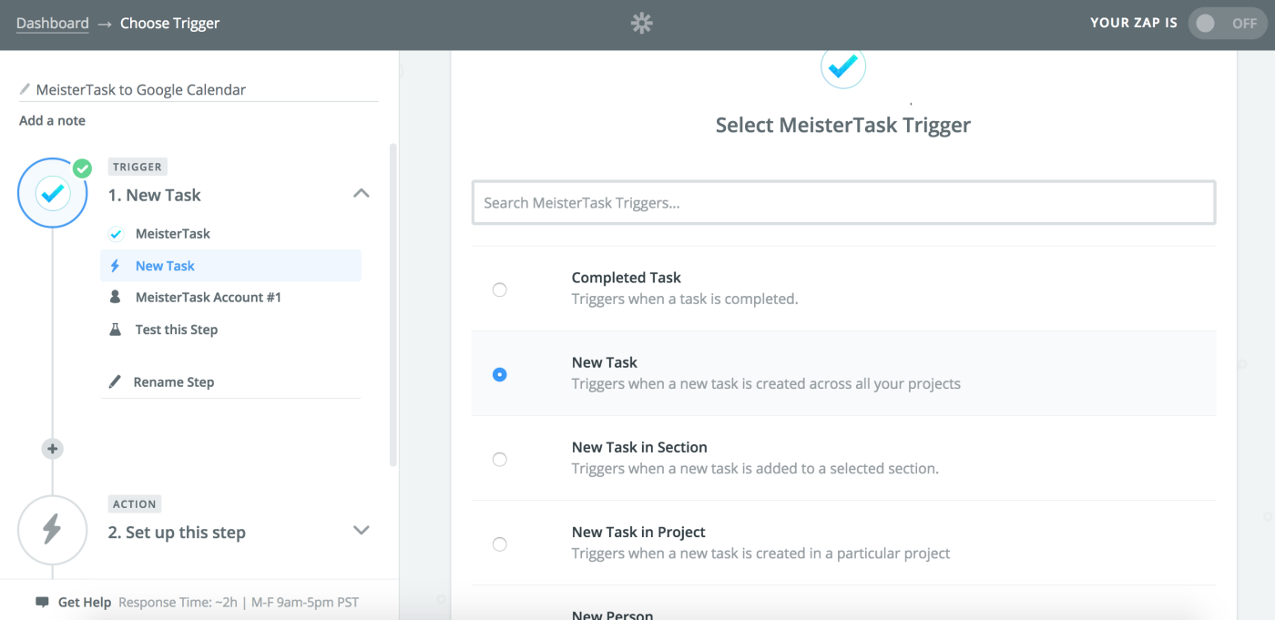 Example of a MeisterTask Zap - Trigger