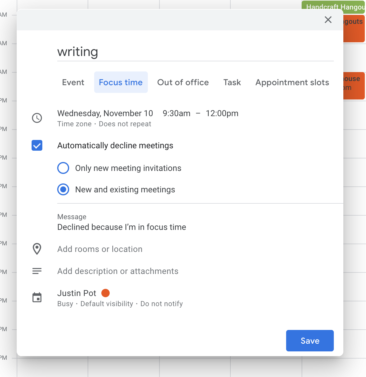 A screenshot of setting focus time in Google Calendar