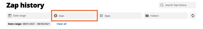 A red box highlighting where you can search for existing Zaps in your Zap History.
