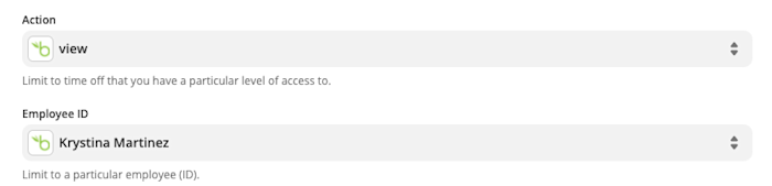 Setting up your BambooHR trigger event. This screenshot shows "view" selected under the Action dropdown and "Krystina Martinez" under the Employee ID dropdown.