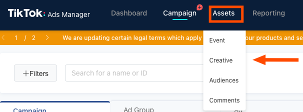 A screenshot of the TikTok Ads Manager with an orange rectangle around "Assets" and an arrow pointing to the item "Creative" in the dropdown.