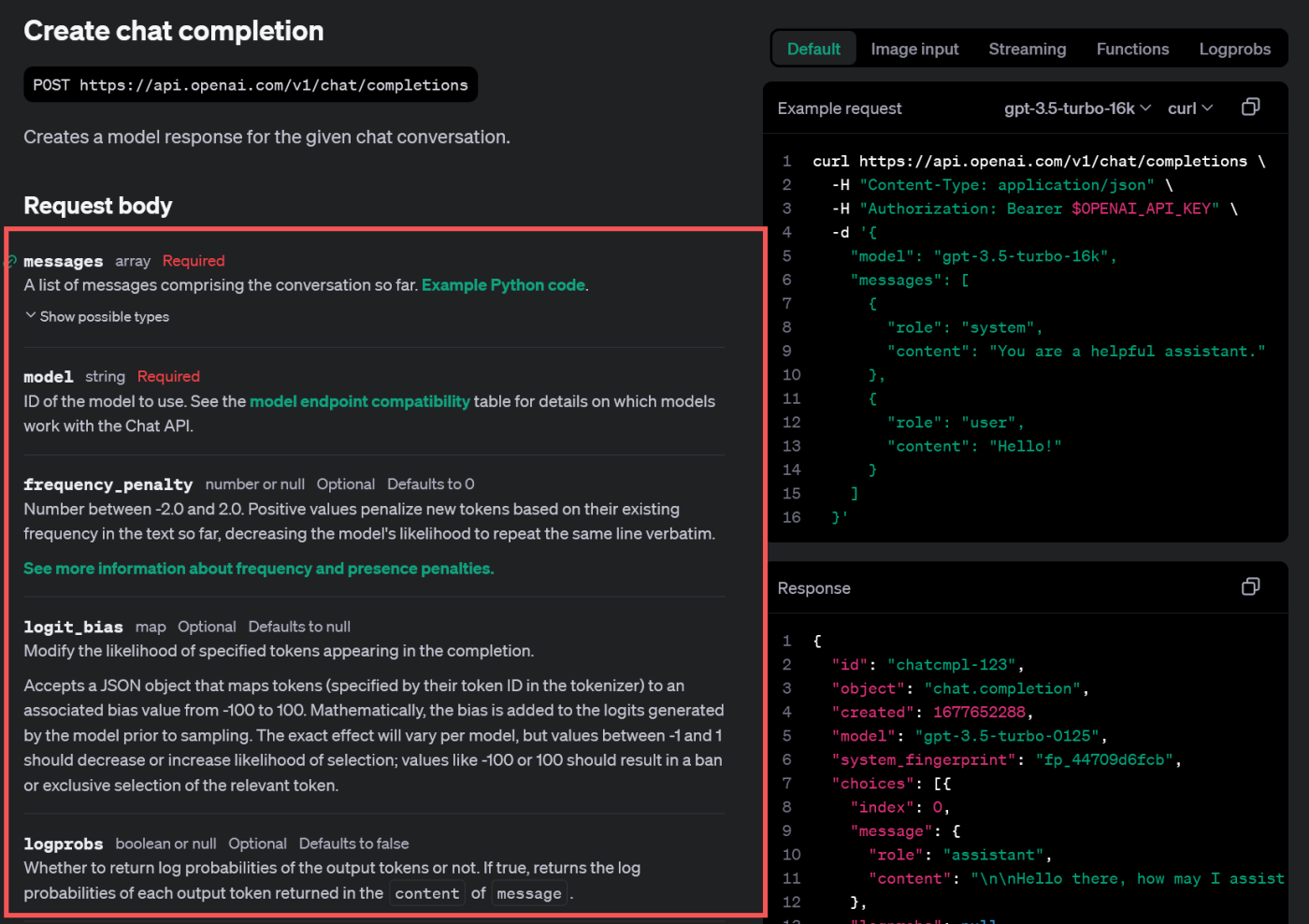 The parameters in the OpenAI documentation