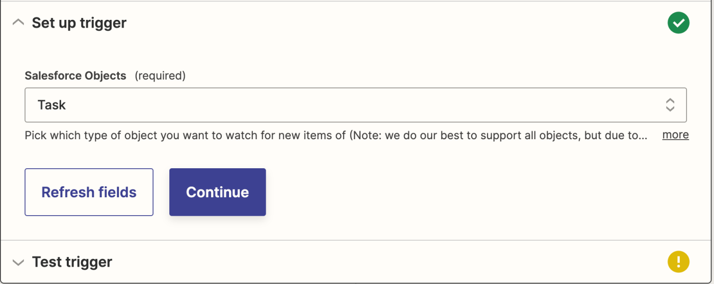 In a dropdown labeled "Salesforce Objects", "Task" is selected above a purple Continue button.