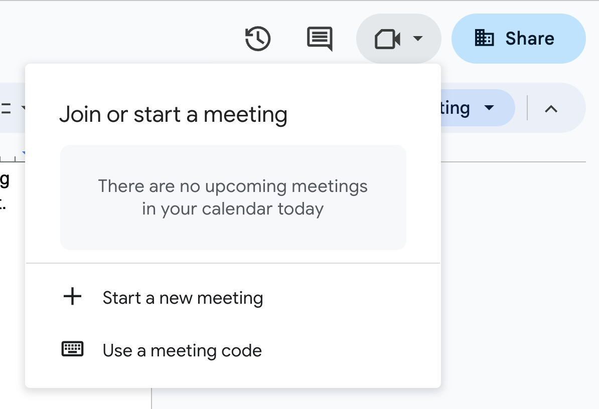 How to start a Google Meets meeting from Google Docs.