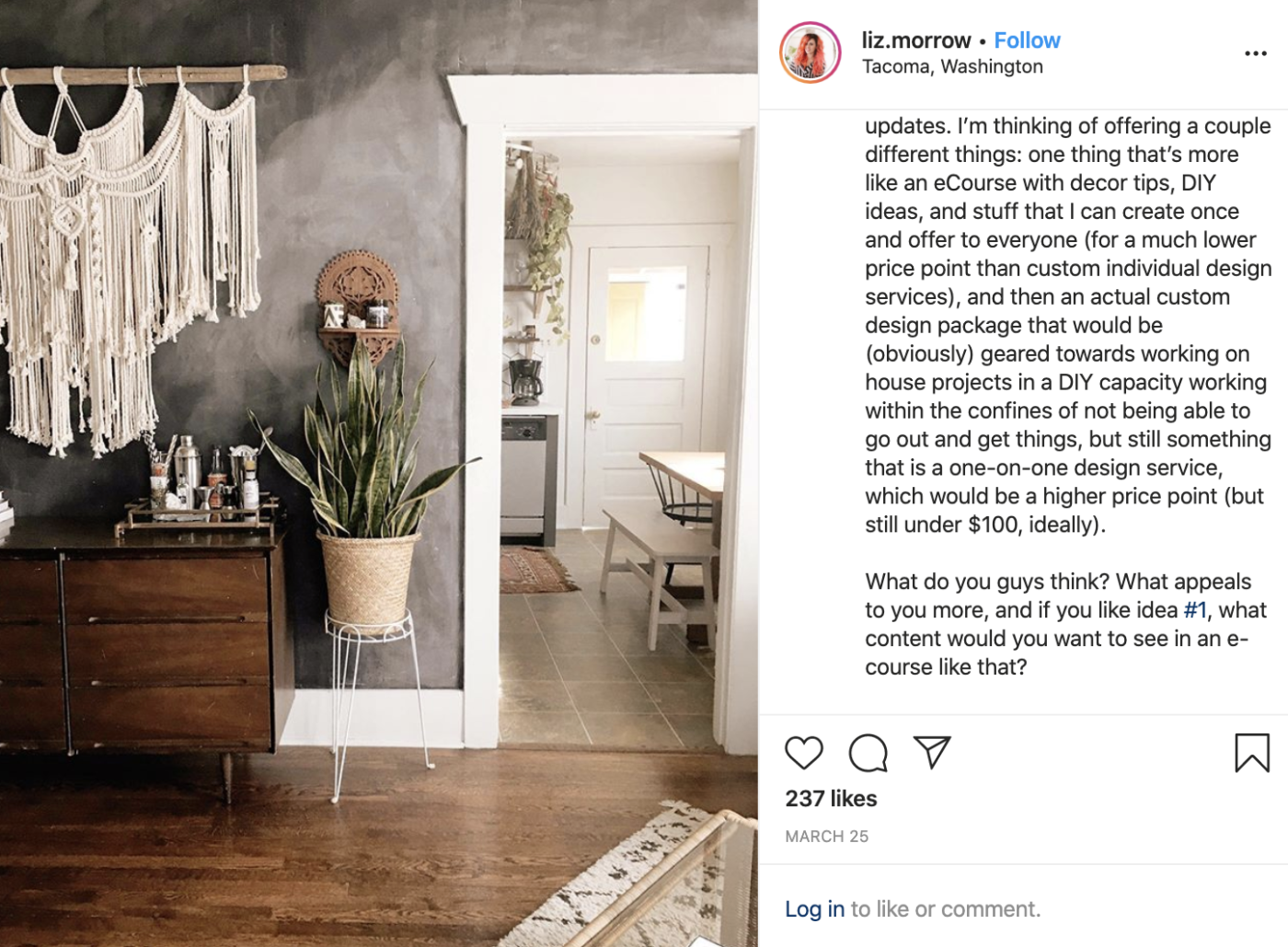 Instagram post where Liz Morrow asks her followers for ideas
