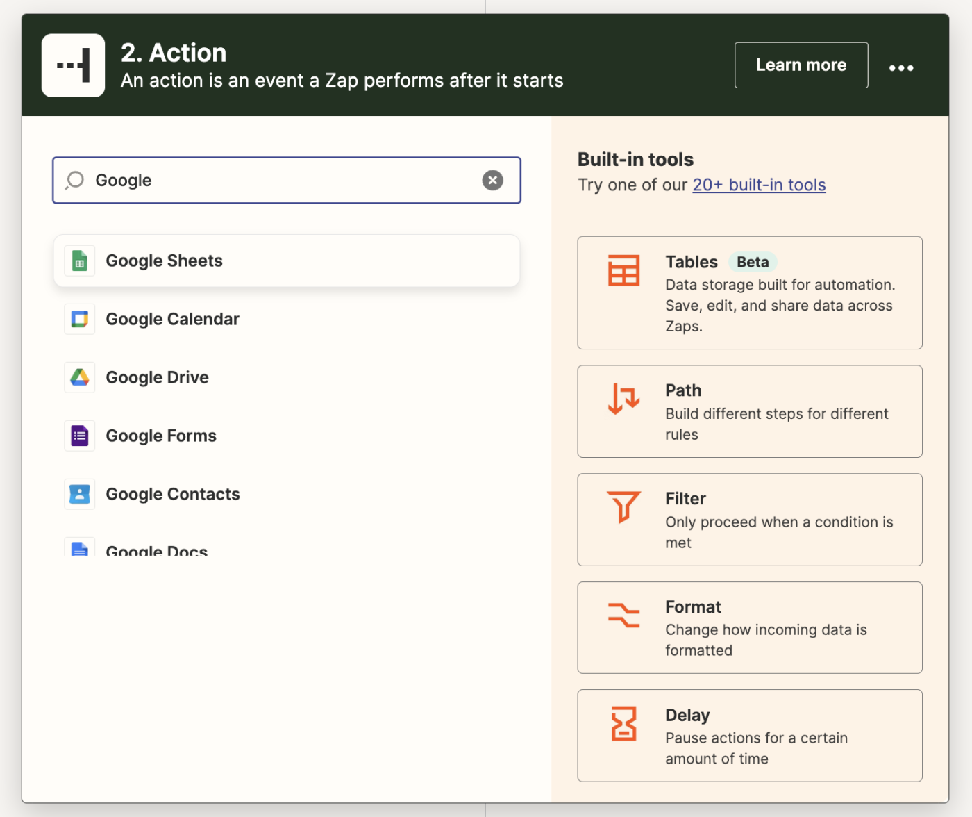 An action step in the Zap editor with Google Sheets shown in a list of available apps to select.