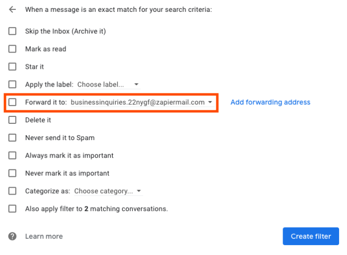 The filter options in Gmail. A red box highlights the option to forward the message to our forwarding address.