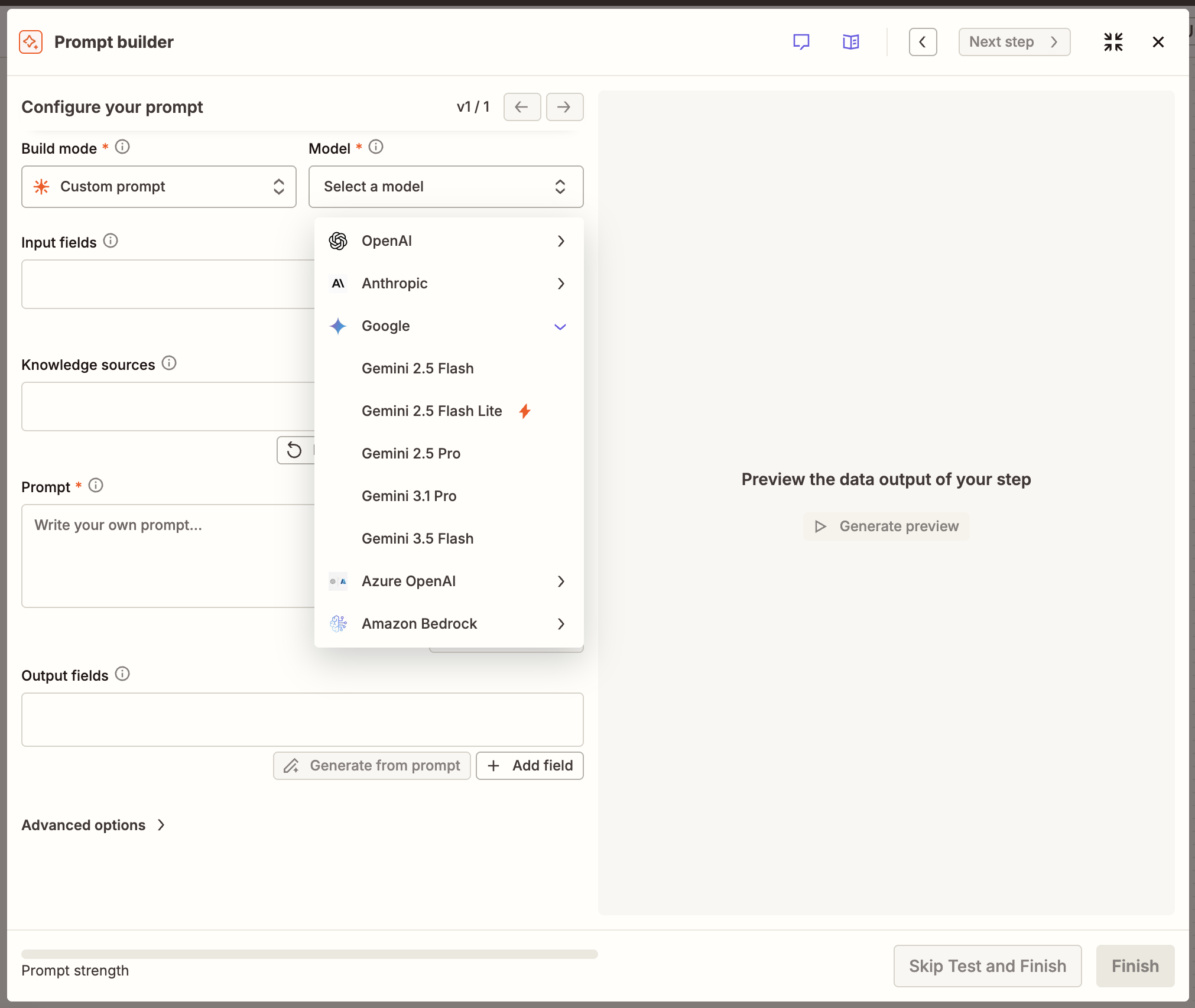 The configuration page for an AI by Zapier step