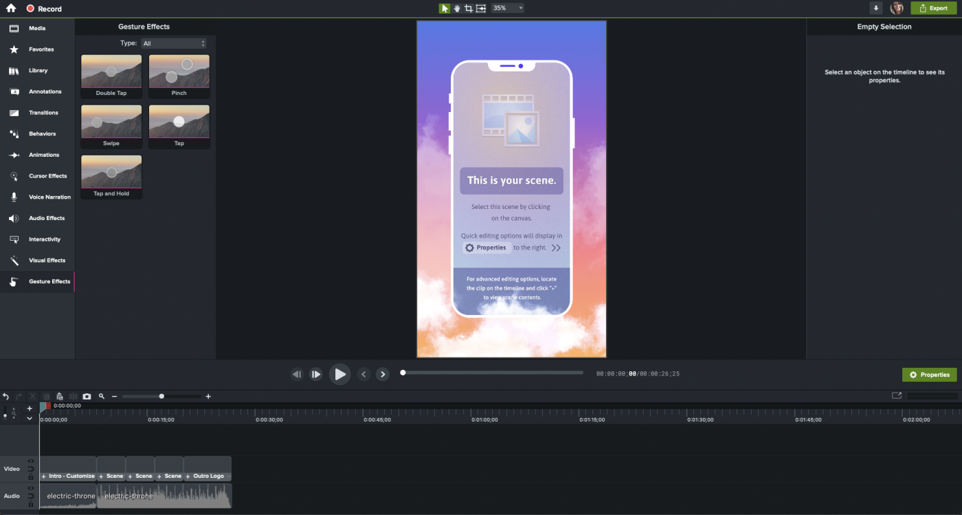 Una captura de pantalla de Camtasia, nuestra elección del mejor software de grabación de pantalla para edición de vídeo avanzada