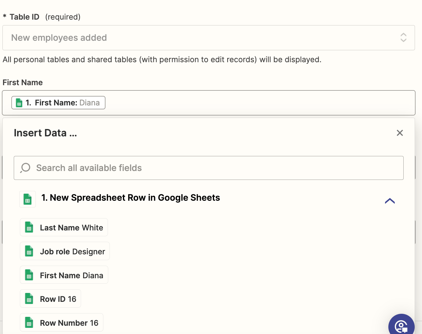 Screenshot of google sheets data